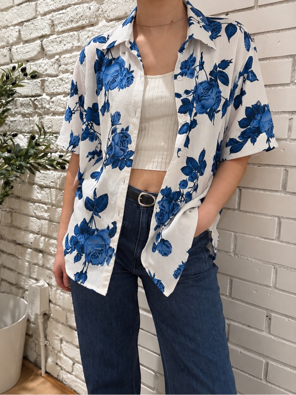 Vintage Alia White Blue Rose Floral Short Sleeve Button Up Blouse 16 Cottagecore